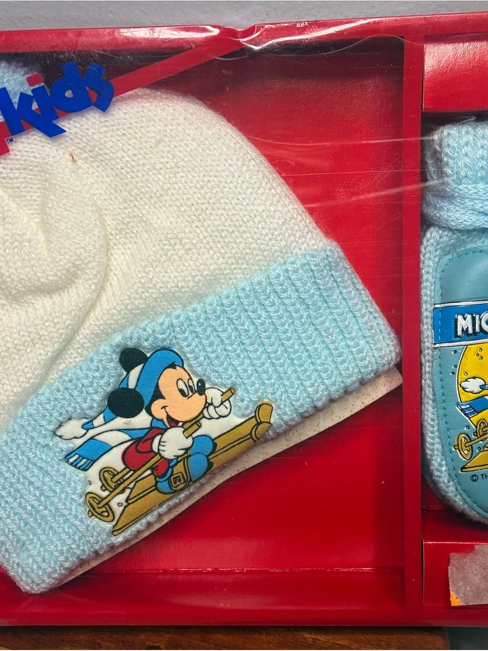 Vintage Disney Mickey Mouse Baby Hat & Mittens Gift Set NOS Skiing Mickey